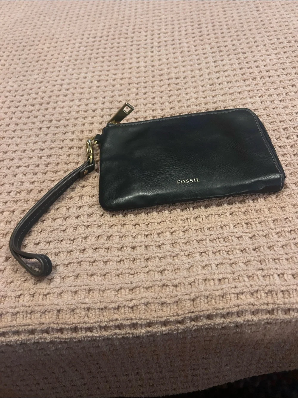 Fossil Black Leather Wristlet and Coin Pouch Set with Gold Hardware